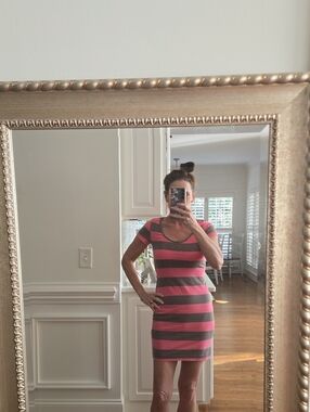 H&M Pink and Gray Striped Short Sleeve Bodycon Dress